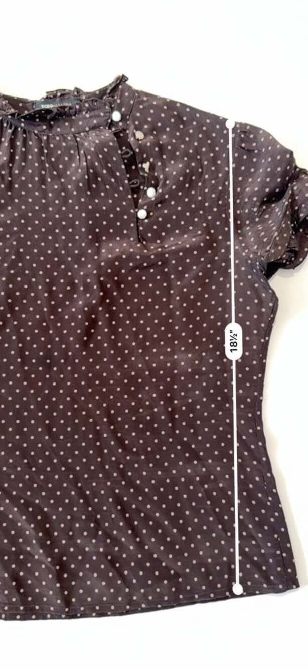 BCBGMaxAzria 100% Silk Brown Polka Dot Ruffle Neck Short Sleeve Blouse - Picture 5 of 7